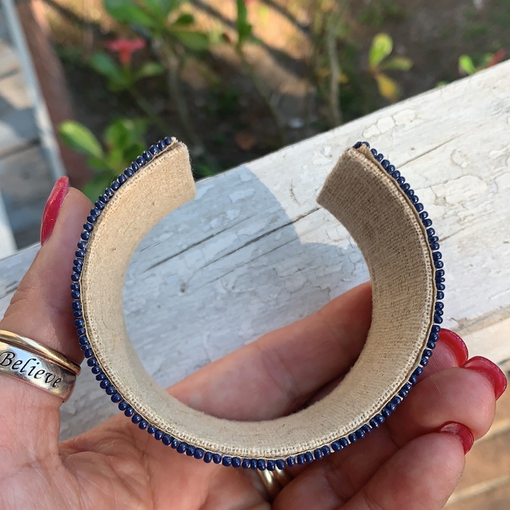 Blue & Gold Beaded Cloth & Metal Cuff Bracelet - Picture 14 of 17